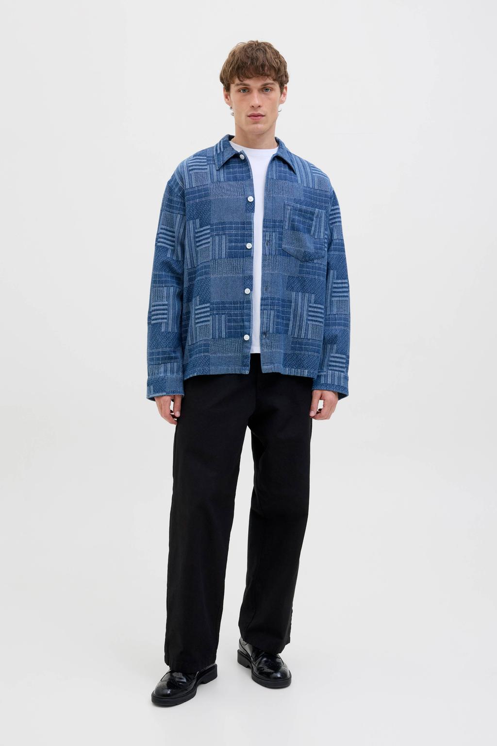 Blauwe heren JACK & JONES PREMIUM loose casual overhemd van katoen met lange mouwen, klassieke kraag, knoopsluiting en jacquard