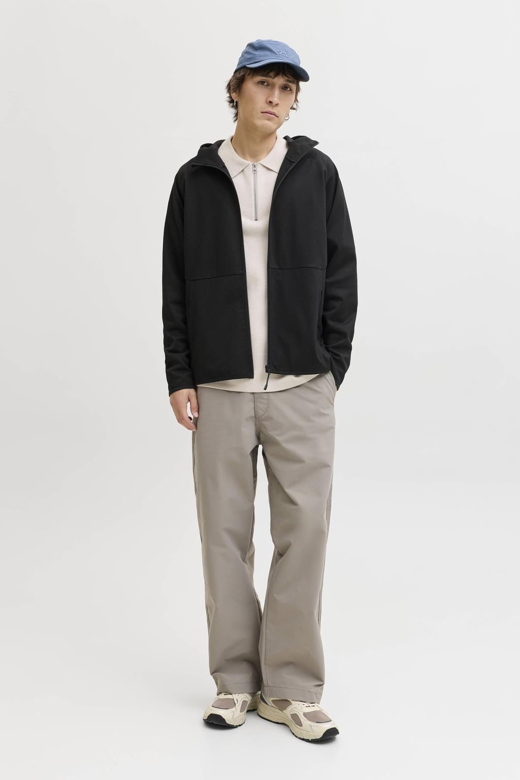 Zwarte heren JACK & JONES ESSENTIALS sweatvest met effen, lange mouwen, capuchon en ritssluiting