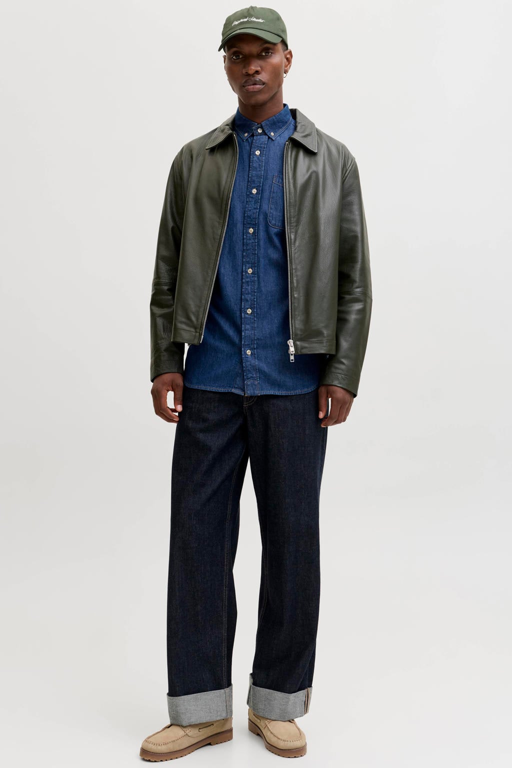 Donkerblauwe heren JACK & JONES ESSENTIALS regular casual overhemd van katoen met effen, lange mouwen, button down sluiting en knoopsluiting