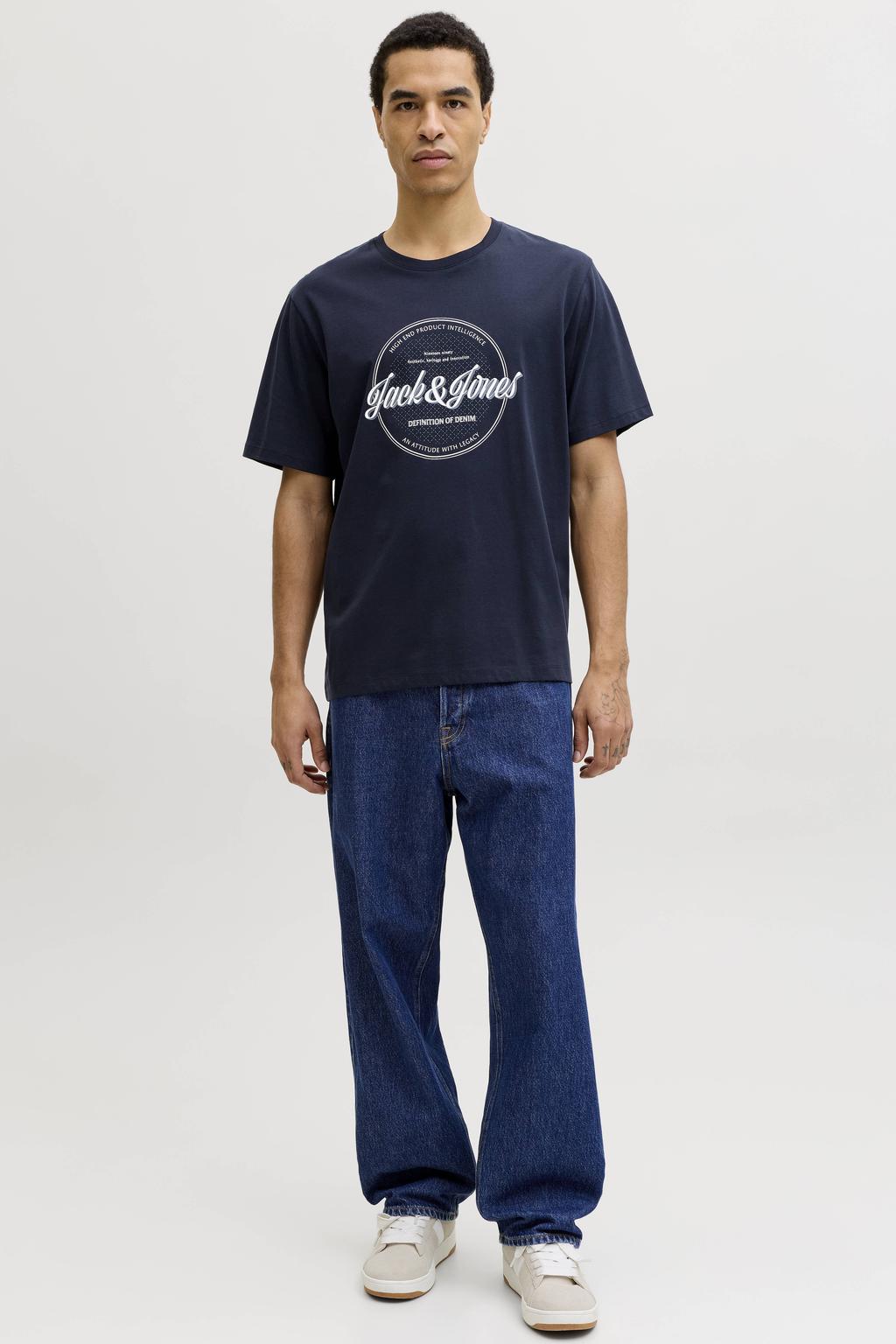 Donkerblauwe heren JACK & JONES ESSENTIALS regular T-shirt van katoen met printopdruk, korte mouwen en ronde hals