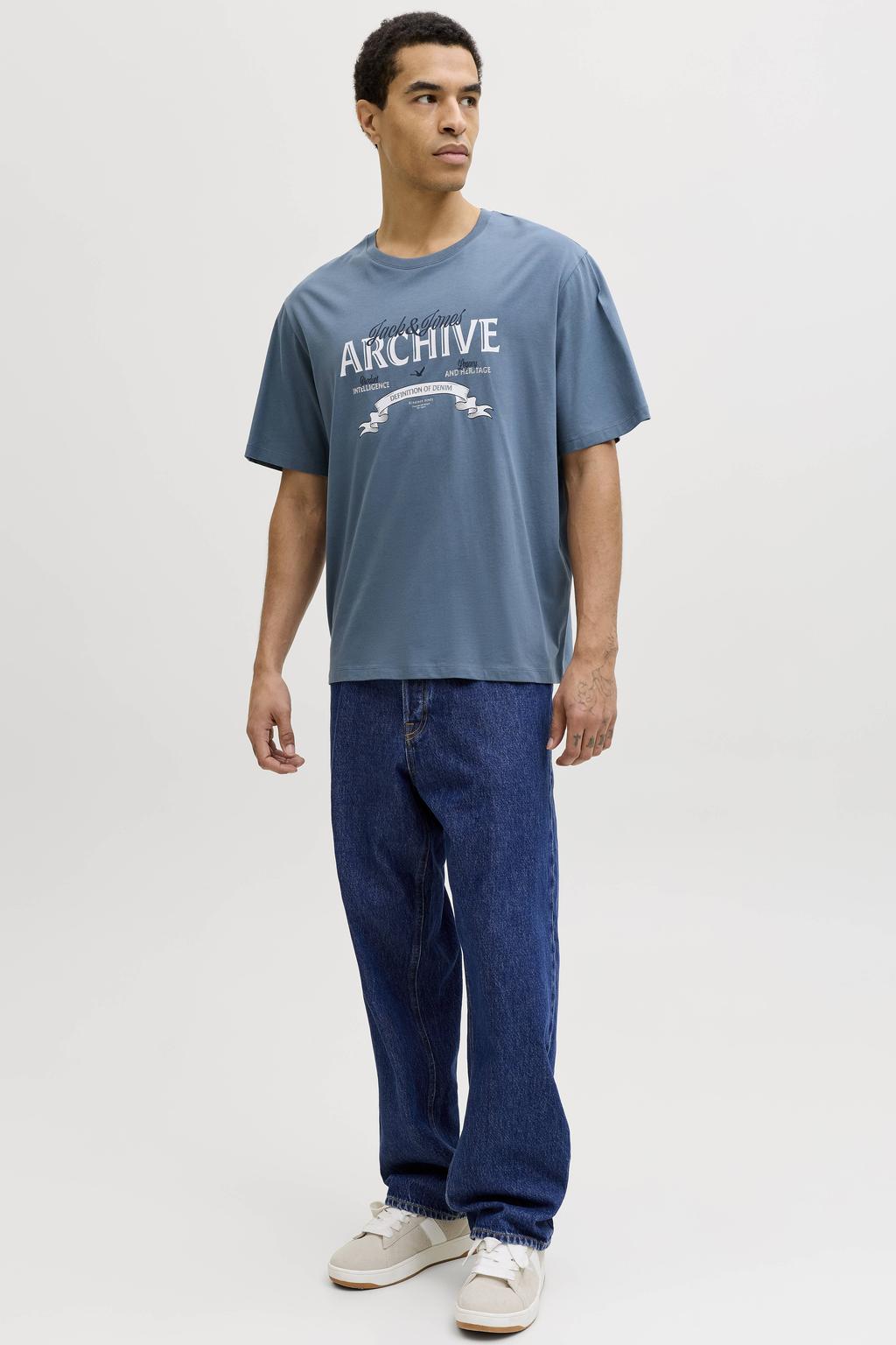 Blauwe heren JACK & JONES ESSENTIALS regular T-shirt van katoen met printopdruk, korte mouwen en ronde hals