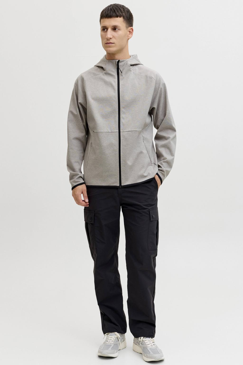 Lichtgrijze heren JACK & JONES ESSENTIALS sweatvest met melée print, lange mouwen, capuchon en ritssluiting