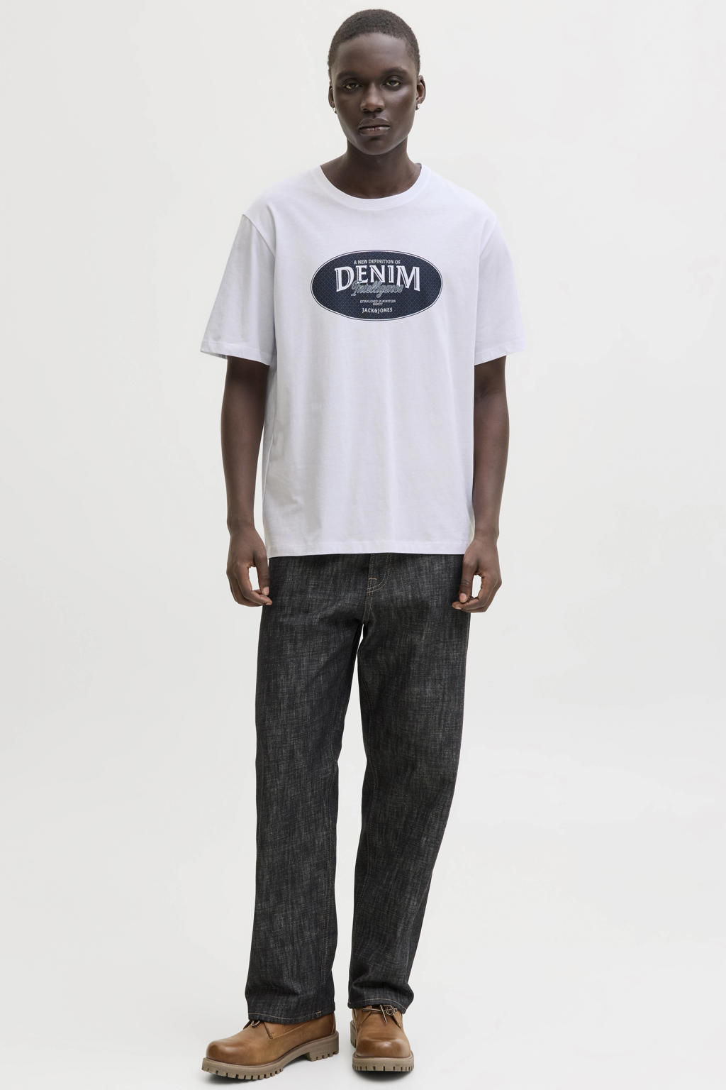 Witte heren JACK & JONES ESSENTIALS regular T-shirt van katoen met printopdruk, korte mouwen en ronde hals