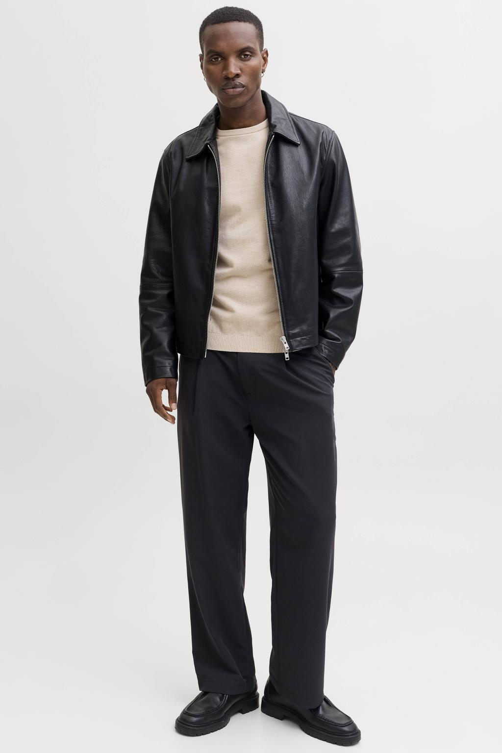 Beige heren JACK & JONES ESSENTIALS pullover fijn gebreid van katoen met effen, lange mouwen en ronde hals