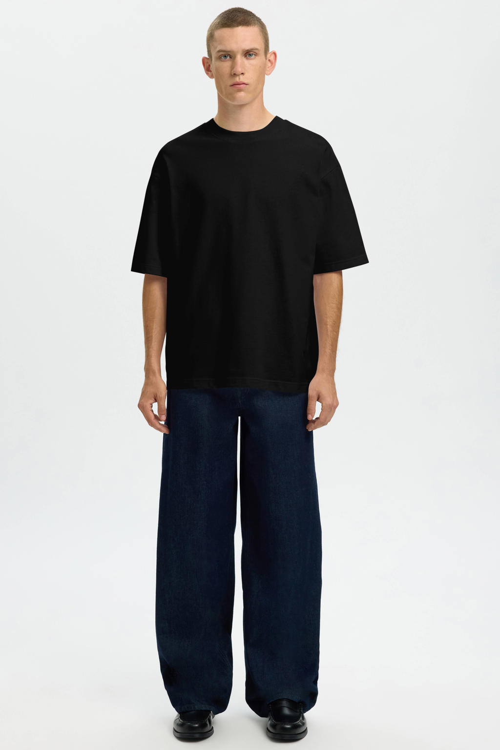 Zwarte heren Selected regular T-shirt van katoen met effen, korte mouwen en ronde hals