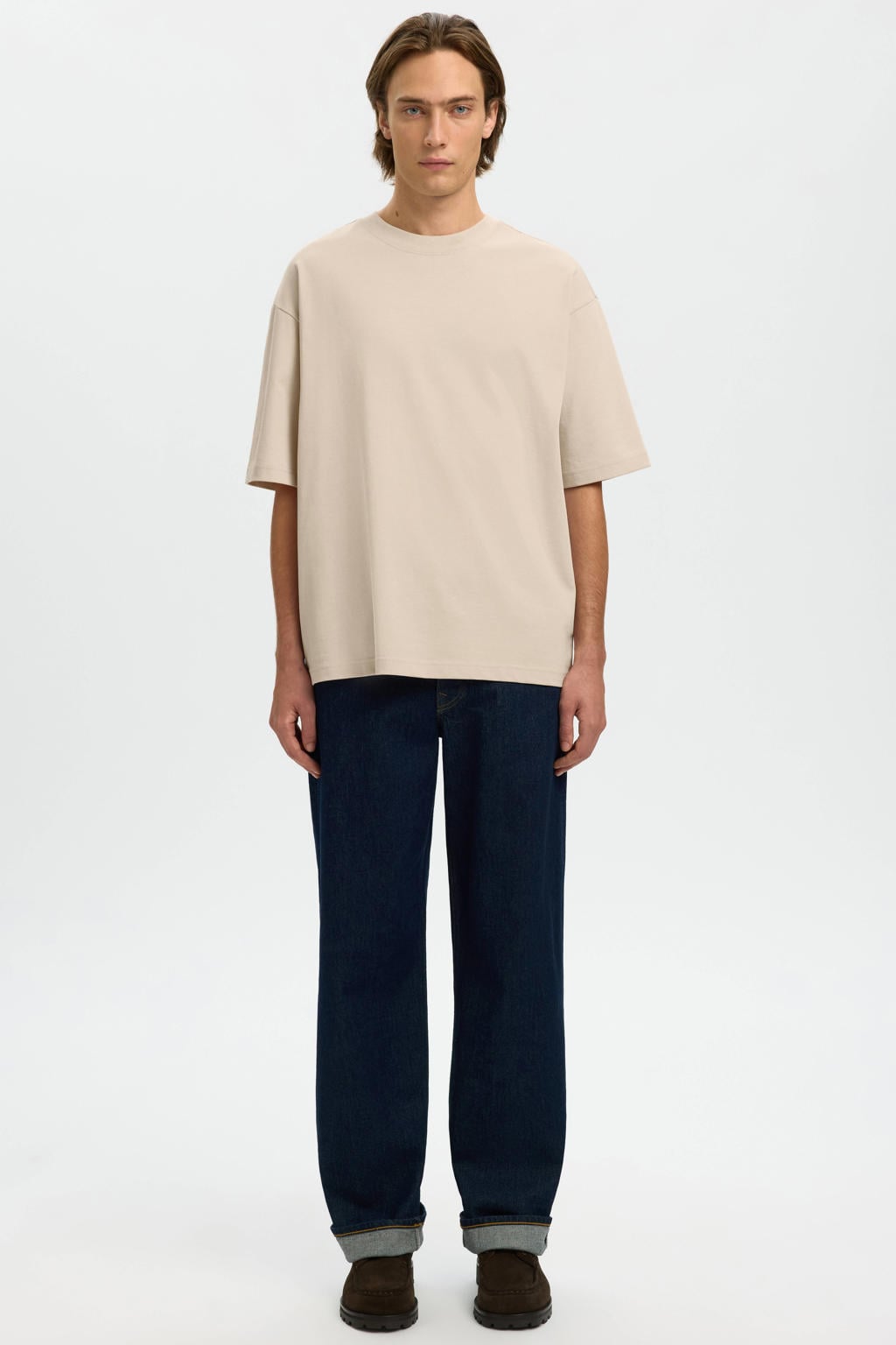 Beige heren Selected regular T-shirt van katoen met effen, korte mouwen en ronde hals