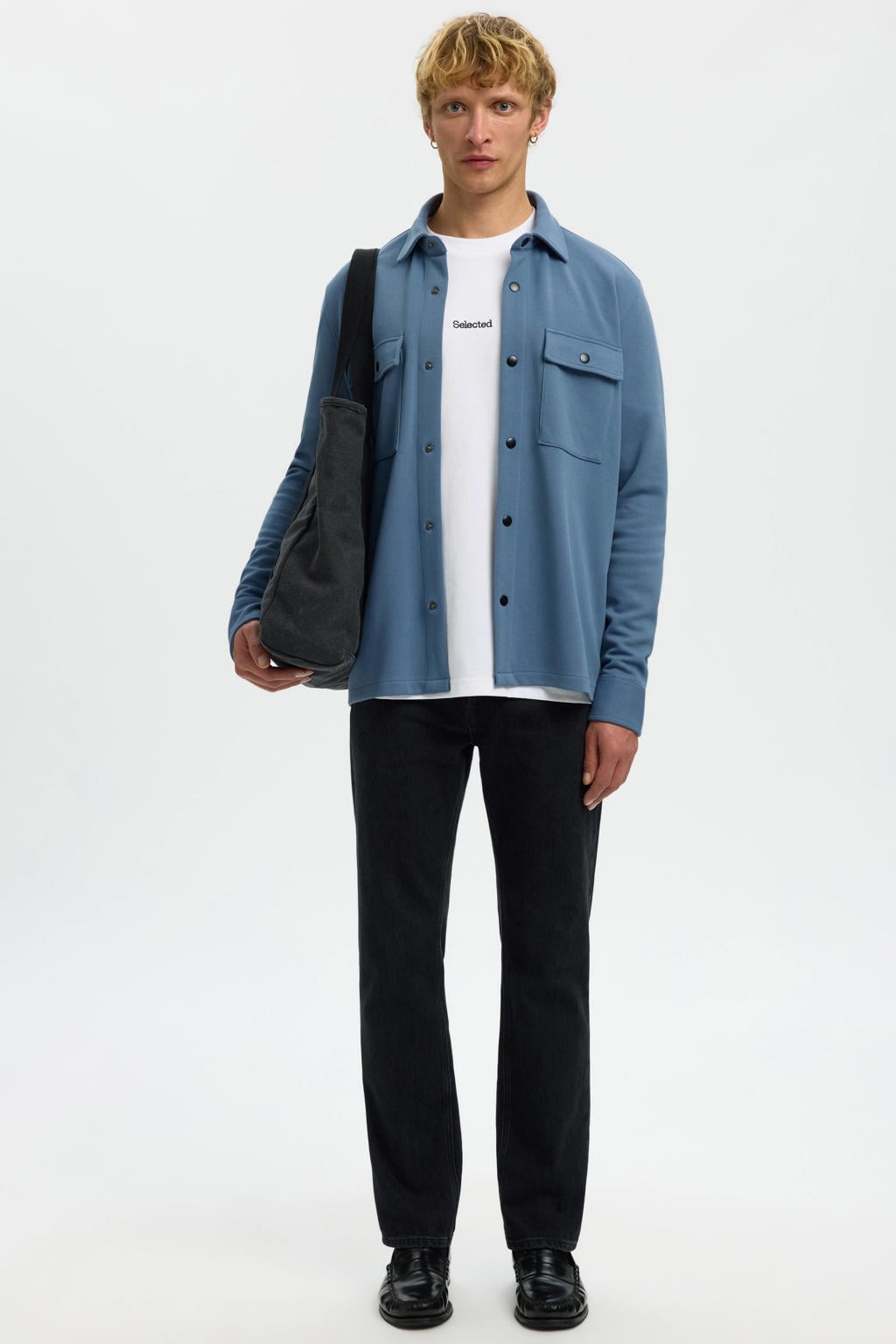Blauwe heren Selected overshirt van katoen met effen, lange mouwen, klassieke kraag en drukknoopsluiting