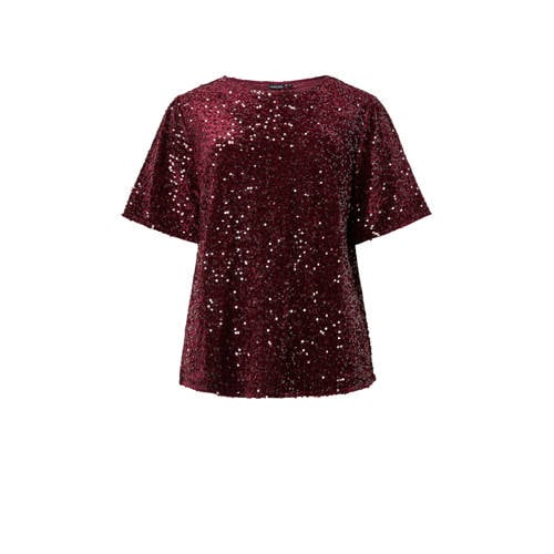 PIECES Curve glitter top donkerrood met pailletten afbeelding