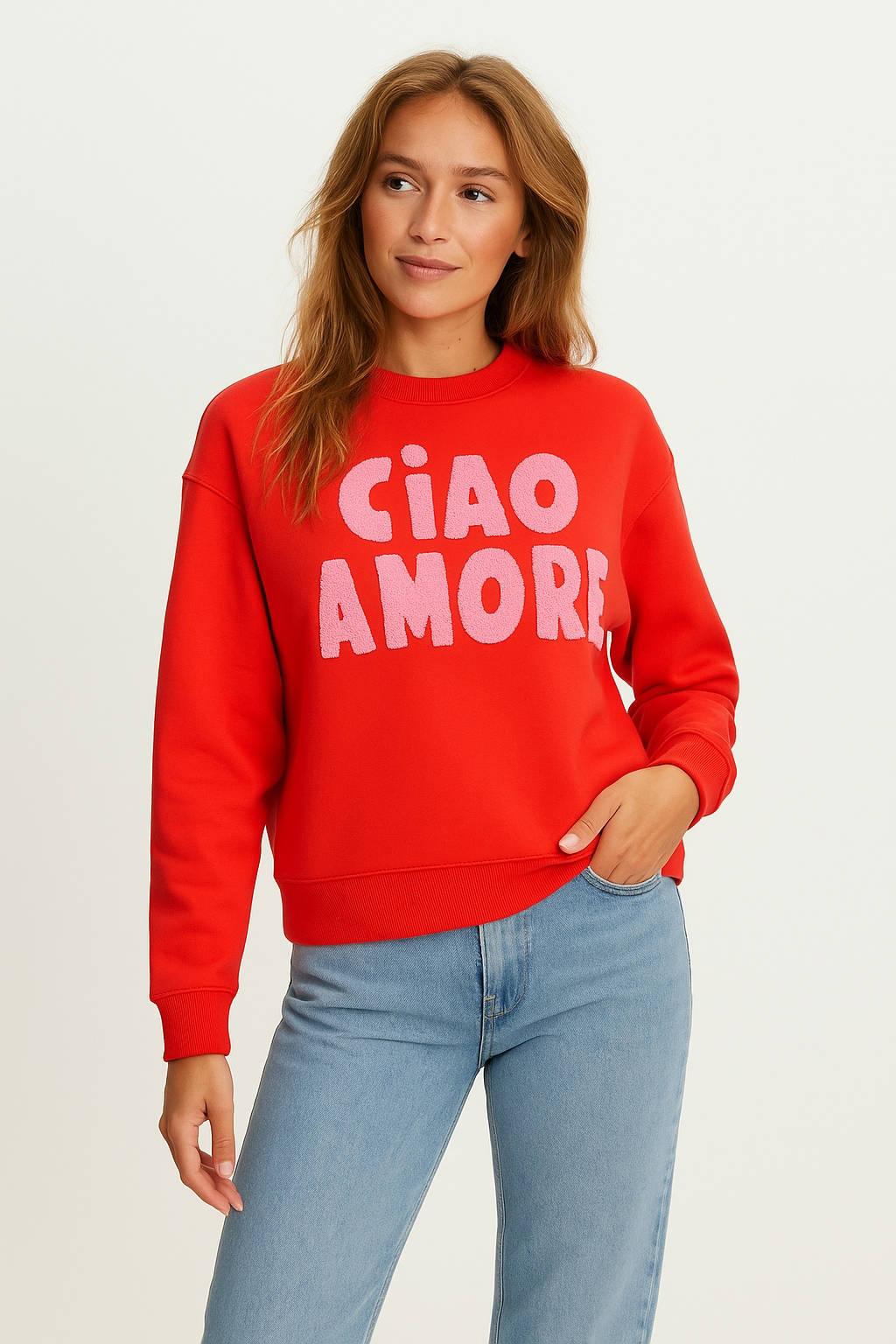 Rood en roze dames Cars sweater van katoen met tekst print, lange mouwen, ronde hals en textuur