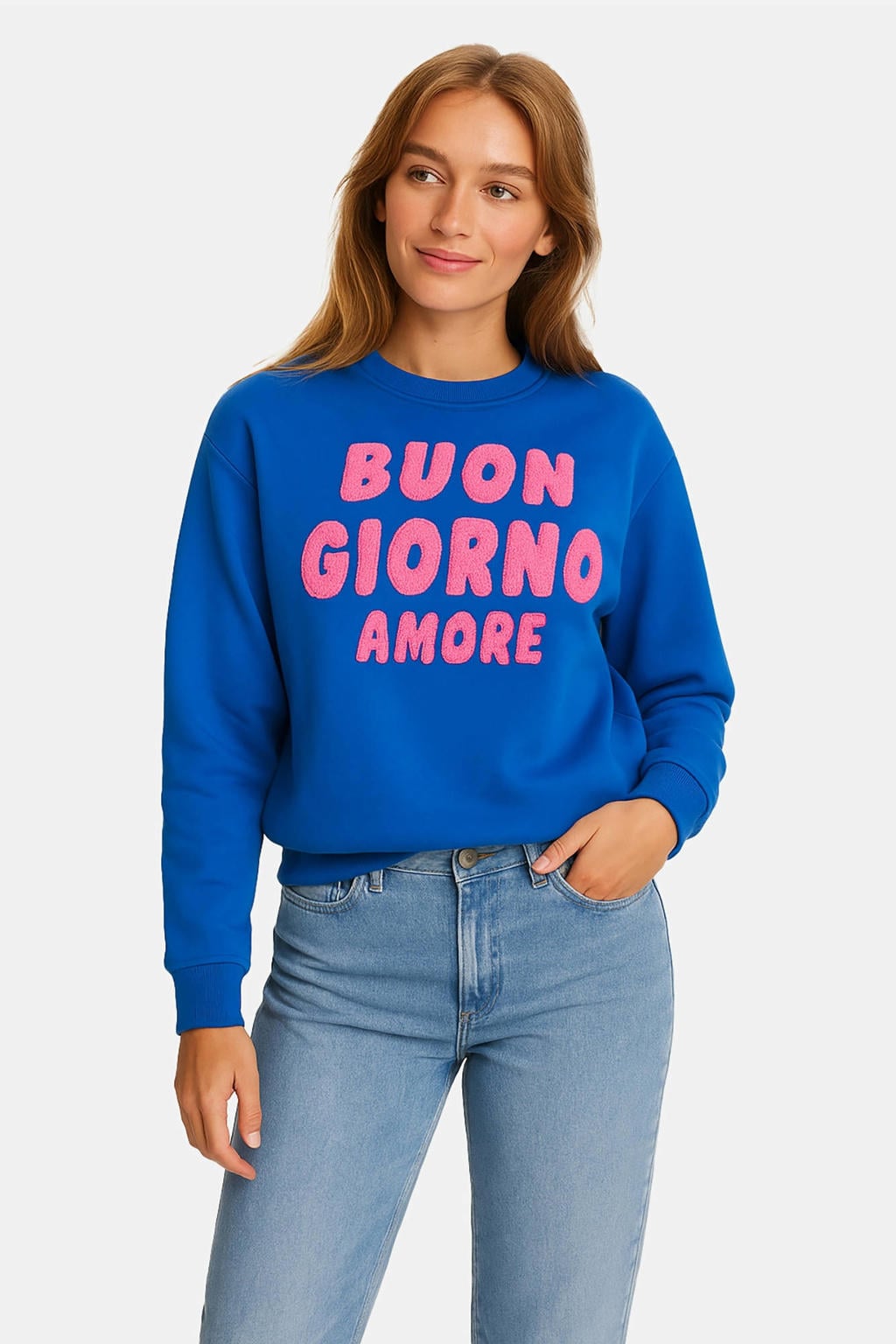 Blauw en roze dames Cars sweater van katoen met tekst print, lange mouwen, ronde hals en textuur