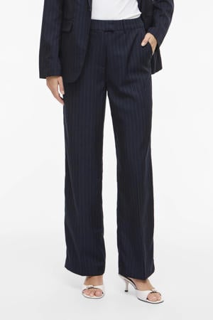 wide leg regular waist casual broek met krijtstreep blauw