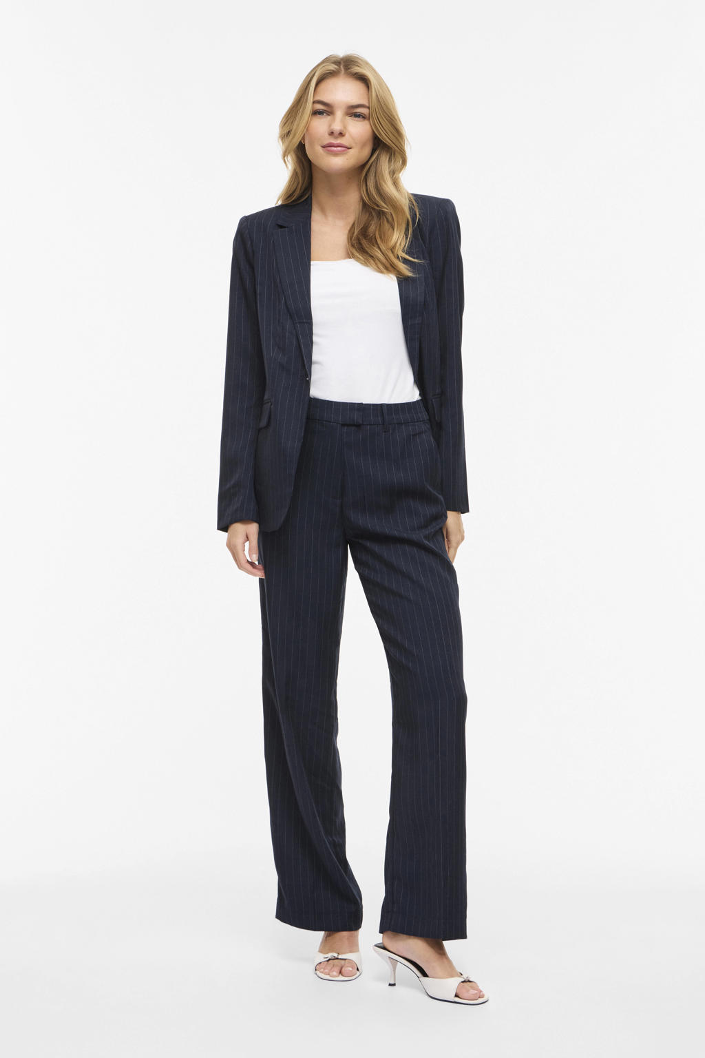 Blauw en ecru dames VILA wide leg regular waist casual broek met haaksluiting en krijtstreepprint