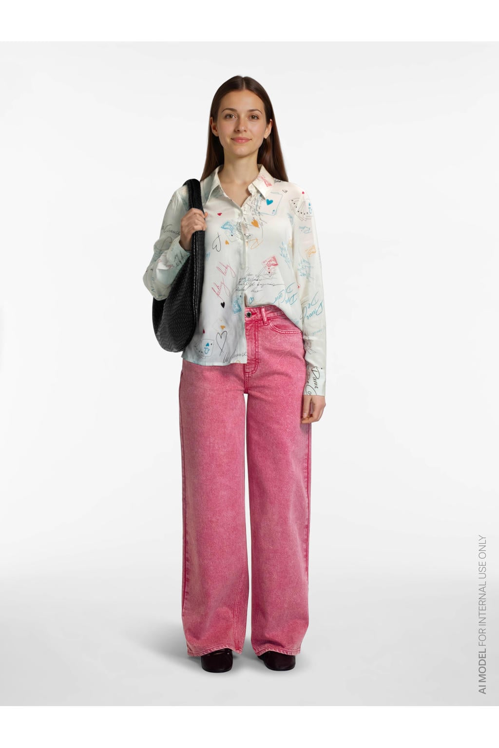 Ecru en multikleurige dames VILA blouse van viscose met lange mouwen, klassieke kraag en knoopsluiting