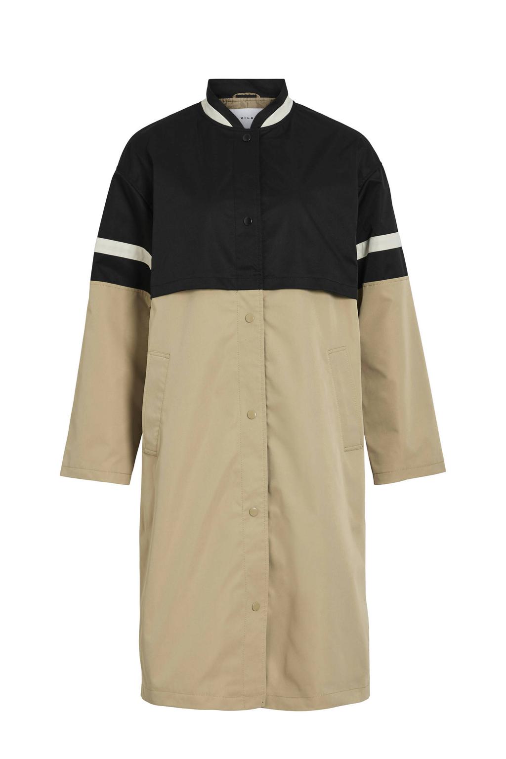 Beige en zwarte dames VILA trenchcoat van polyester met effen, lange mouwen, opstaande kraag, knoopsluiting en contrast bies