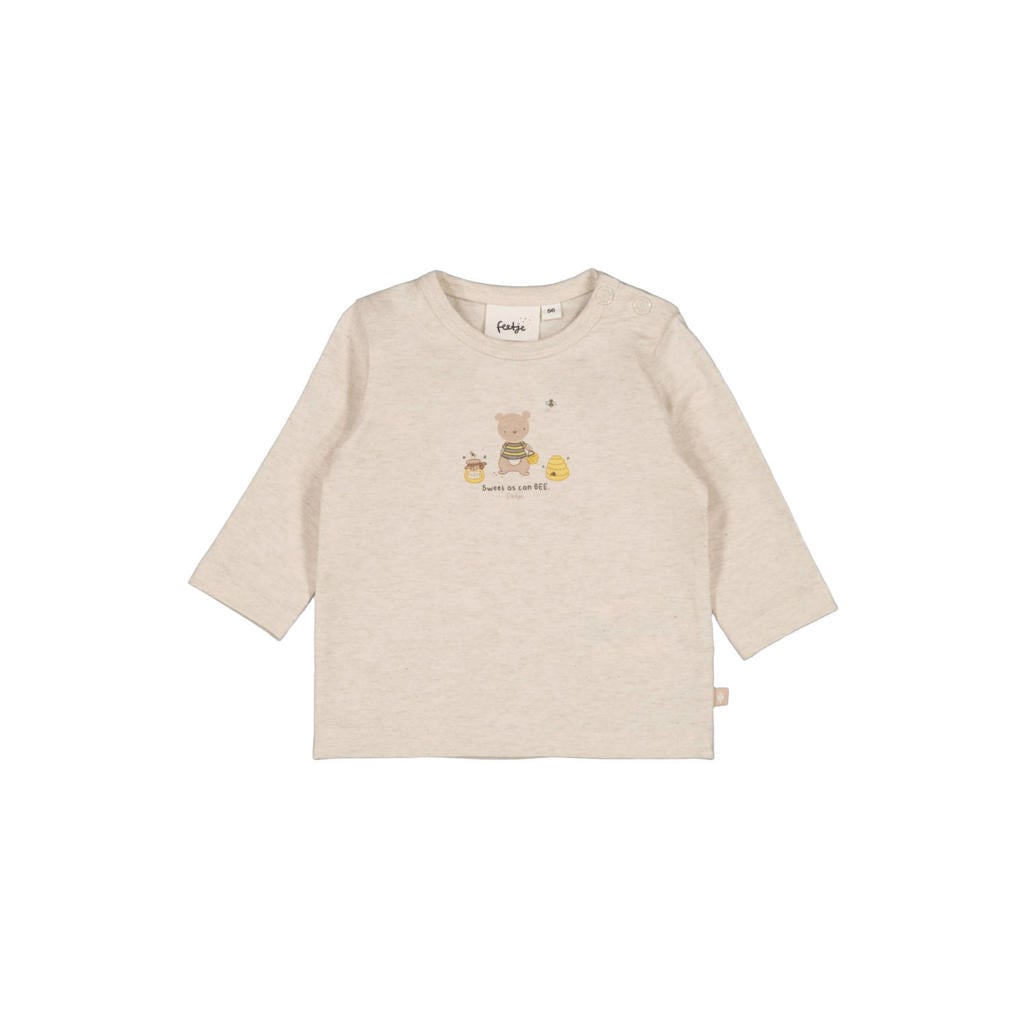 Ecru jongens en meisjes Feetje longsleeve Honey Bear van katoen met printopdruk, lange mouwen, ronde hals en drukknoopsluiting