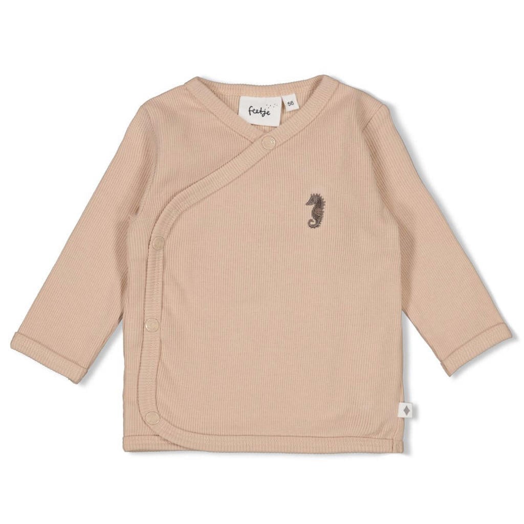 Zandkleurige jongens en meisjes Feetje overslag longsleeve Sea Sweeties van katoen met effen, lange mouwen en drukknoopsluiting