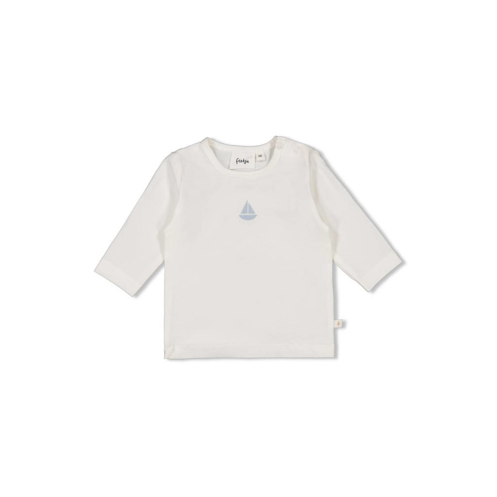 Ecru jongens Feetje longsleeve The Knits van katoen met printopdruk, lange mouwen, ronde hals en drukknoopsluiting