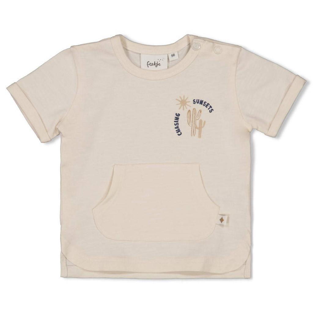 Ecru jongens Feetje T-shirt Sssiesta van katoen met printopdruk, korte mouwen, ronde hals en drukknoopsluiting