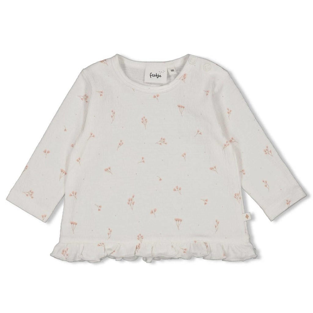 Ecru en roze meisjes Feetje longsleeve Delicate Flower van katoen met bloemenprint, lange mouwen, ronde hals, drukknoopsluiting en crinkle cotton