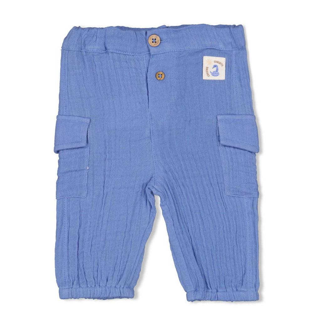 Blauwe jongens Feetje baby cargobroek Sssiesta van mousseline met regular waist, knoopsluiting en effen