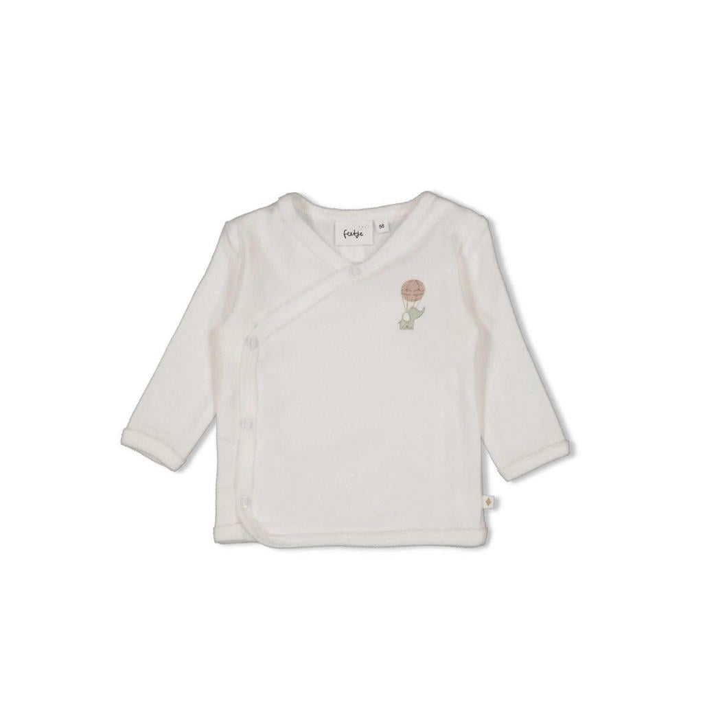 Ecru jongens en meisjes Feetje longsleeve Elephant van badstof met printopdruk, lange mouwen, V-hals, drukknoopsluiting en overslag detail