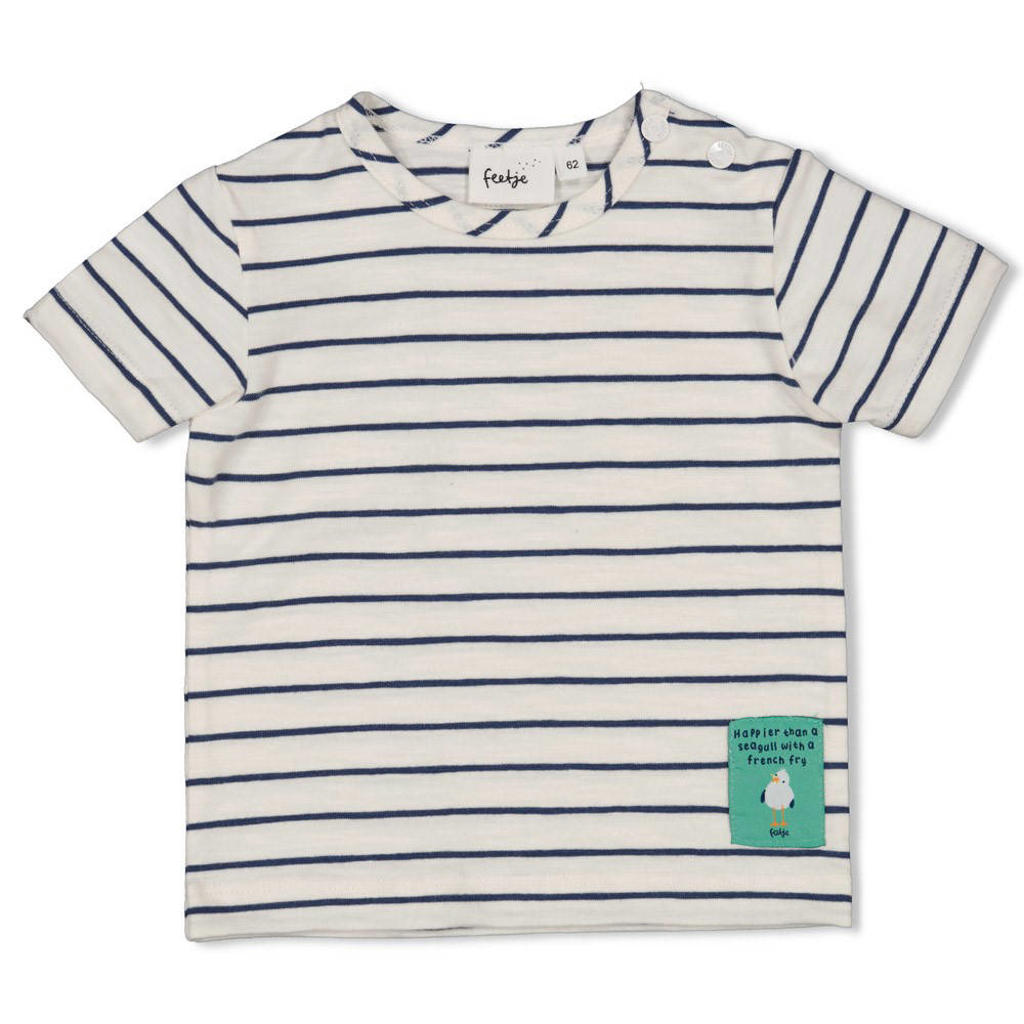 Ecru en blauwe jongens Feetje T-shirt Seaside Happiness van katoen met strepenprint, korte mouwen, ronde hals en drukknoopsluiting
