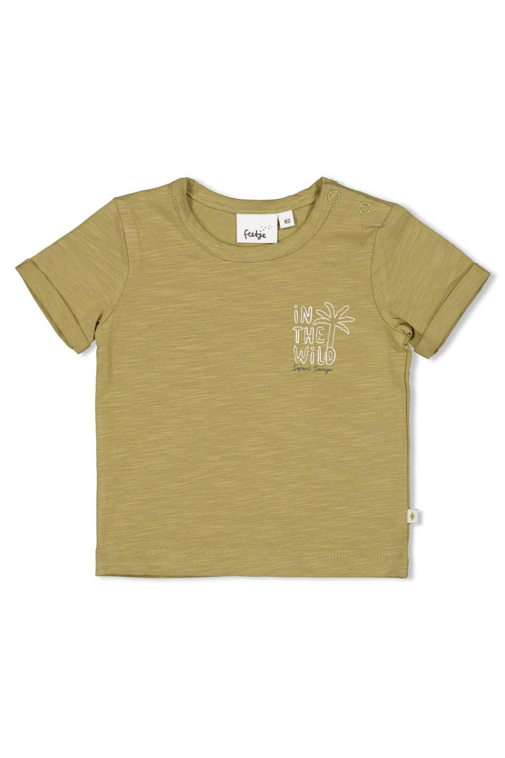 Groene jongens Feetje T-shirt Safari Savage van katoen met backprint, korte mouwen, ronde hals en drukknoopsluiting