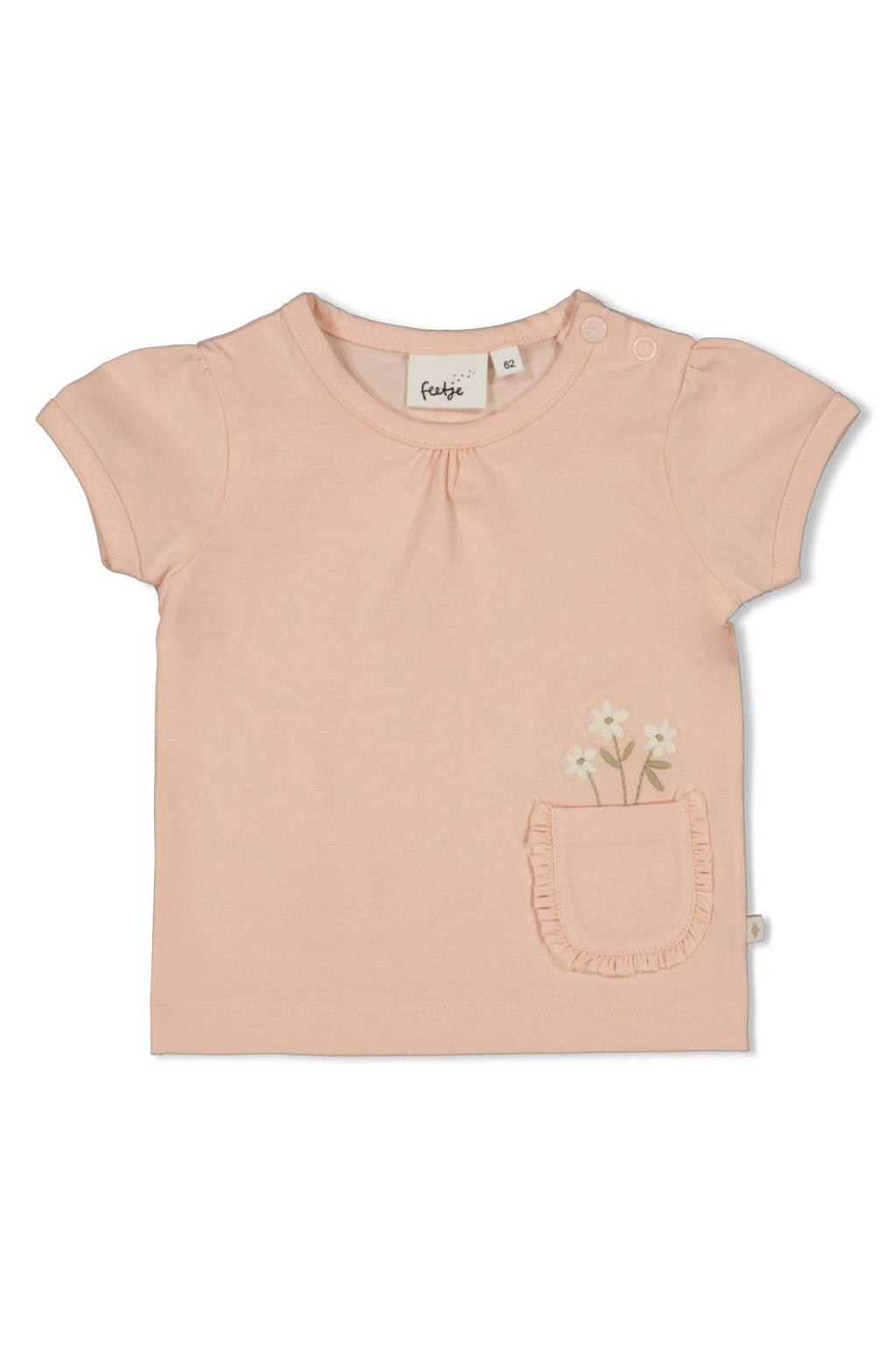 Lichtroze meisjes Feetje T-shirt Let Your Dreams Blossom van katoen met effen, korte mouwen, ronde hals, drukknoopsluiting en ruches