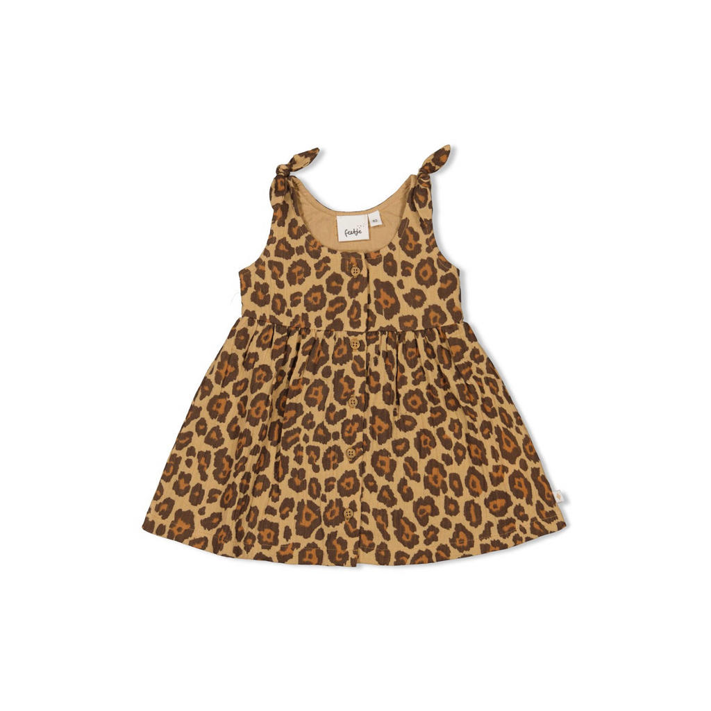 Bruine meisjes Feetje jurk Summer Woven van mousseline met panterprint, ronde hals, knoopsluiting en knoopdetail