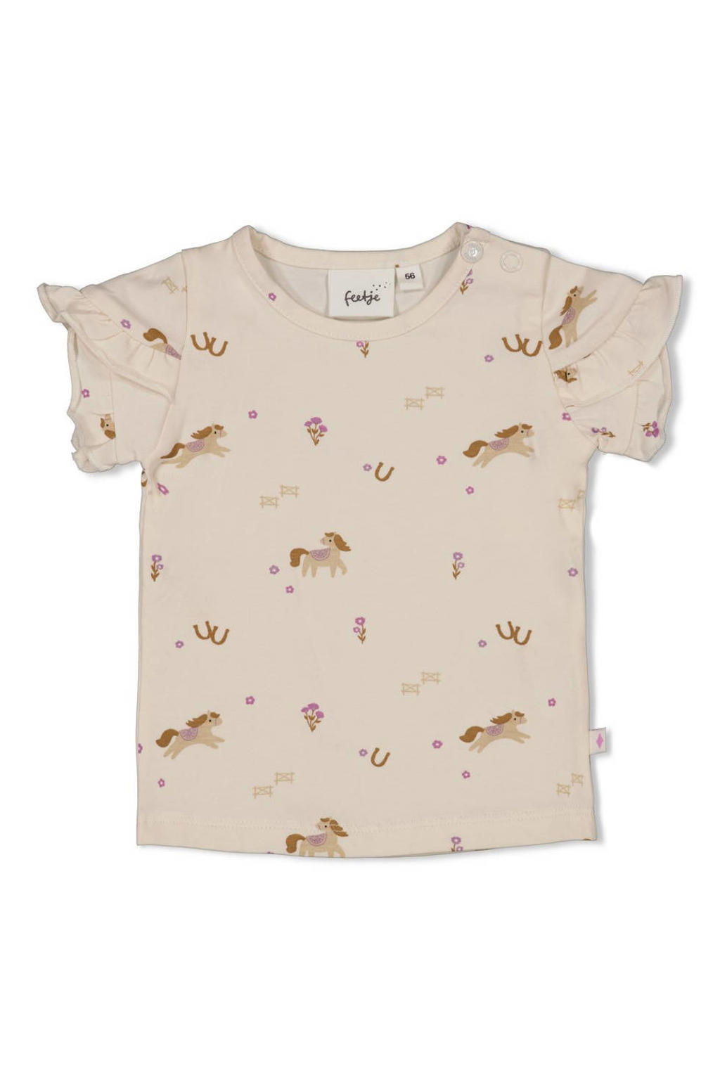 Ecru meisjes Feetje T-shirt Flower Ranch van katoen met dierenprint, korte mouwen, drukknoopsluiting en ruches