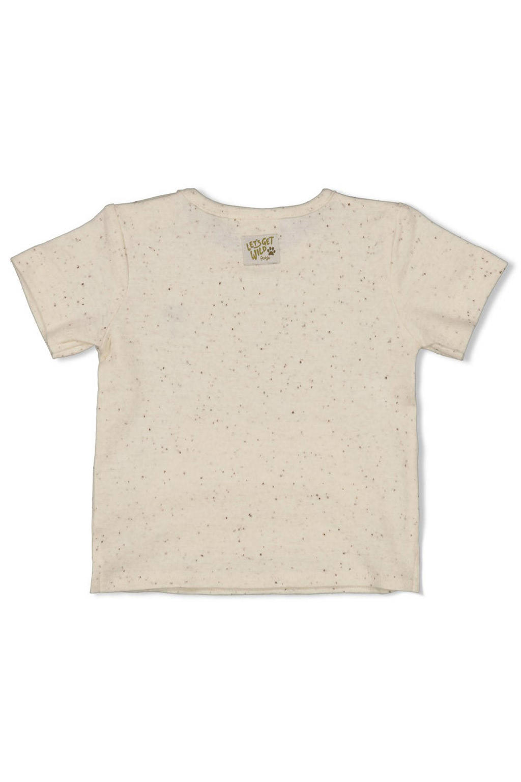 Ecru jongens Feetje T-shirt Safari Savage van katoen met stippenprint, korte mouwen, ronde hals en drukknoopsluiting