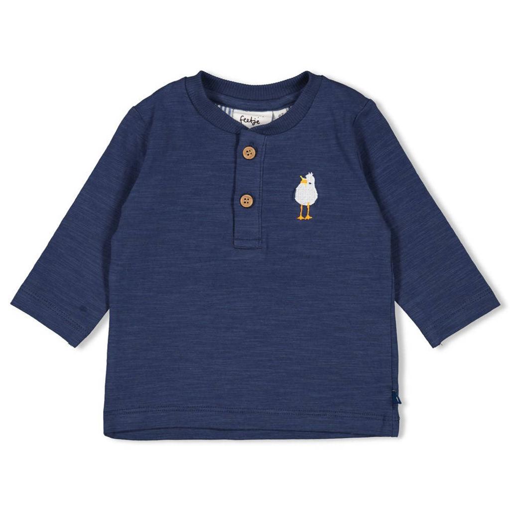Marineblauw jongens Feetje longsleeve Seaside Happiness blauw van katoen met printopdruk, lange mouwen, henleykraag en knoopsluiting