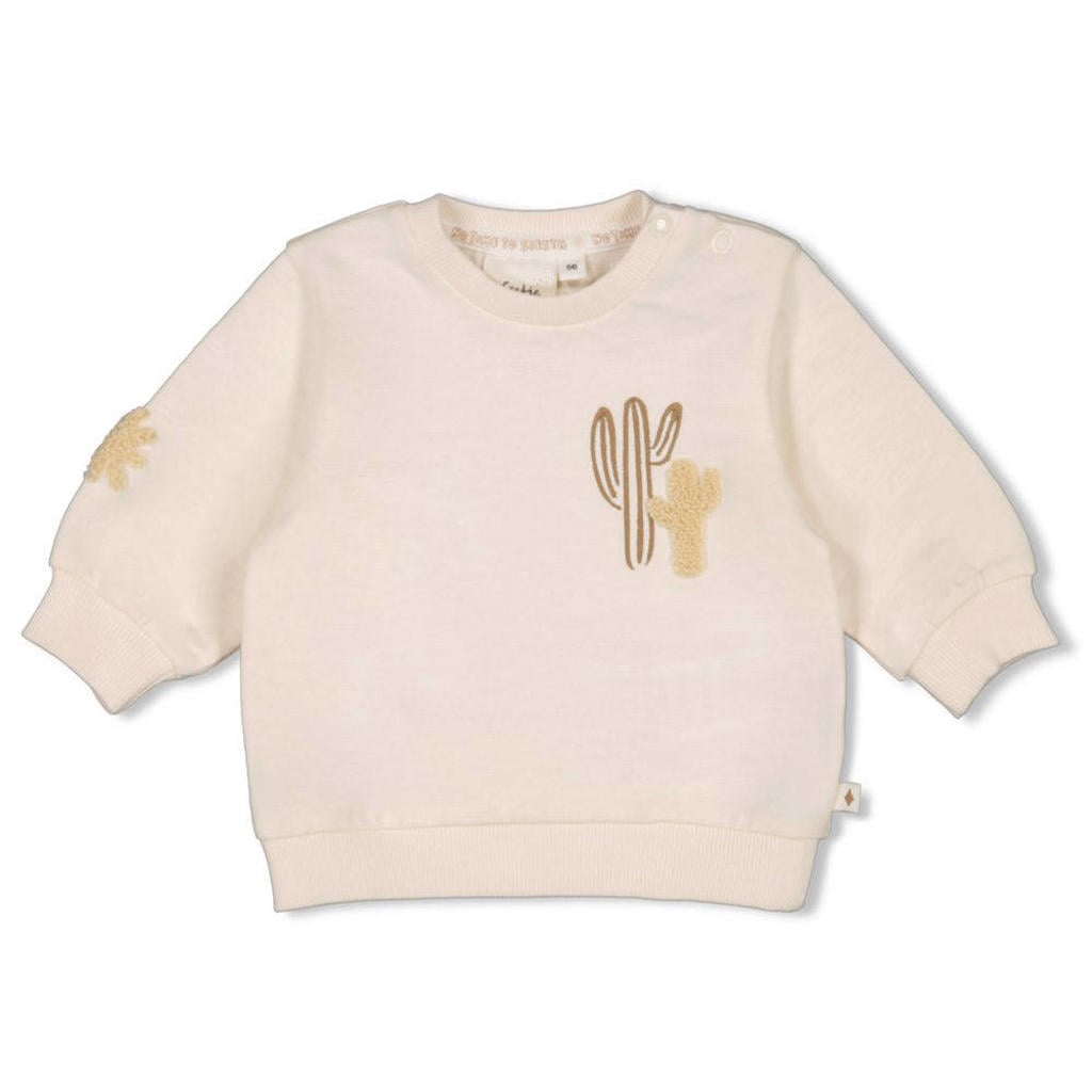 Ecru jongens Feetje sweater Sssiesta van katoen met printopdruk, lange mouwen, ronde hals en drukknoopsluiting