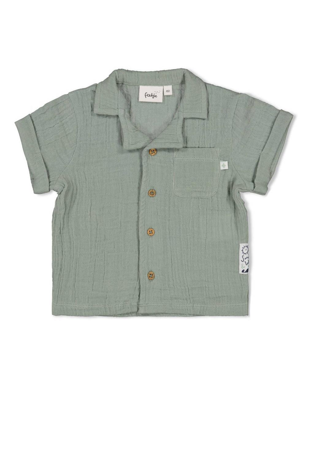 Groene jongens Feetje overhemd Summer Woven van mousseline met effen, korte mouwen, klassieke kraag, knoopsluiting en textuur