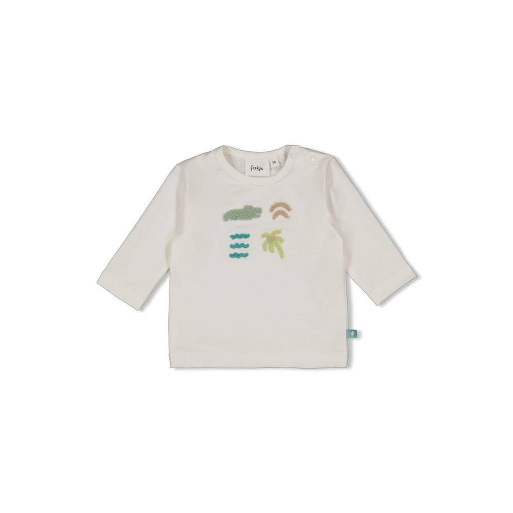 Ecru jongens Feetje longsleeve You Croc my World van katoen met printopdruk, lange mouwen, drukknoopsluiting en patches
