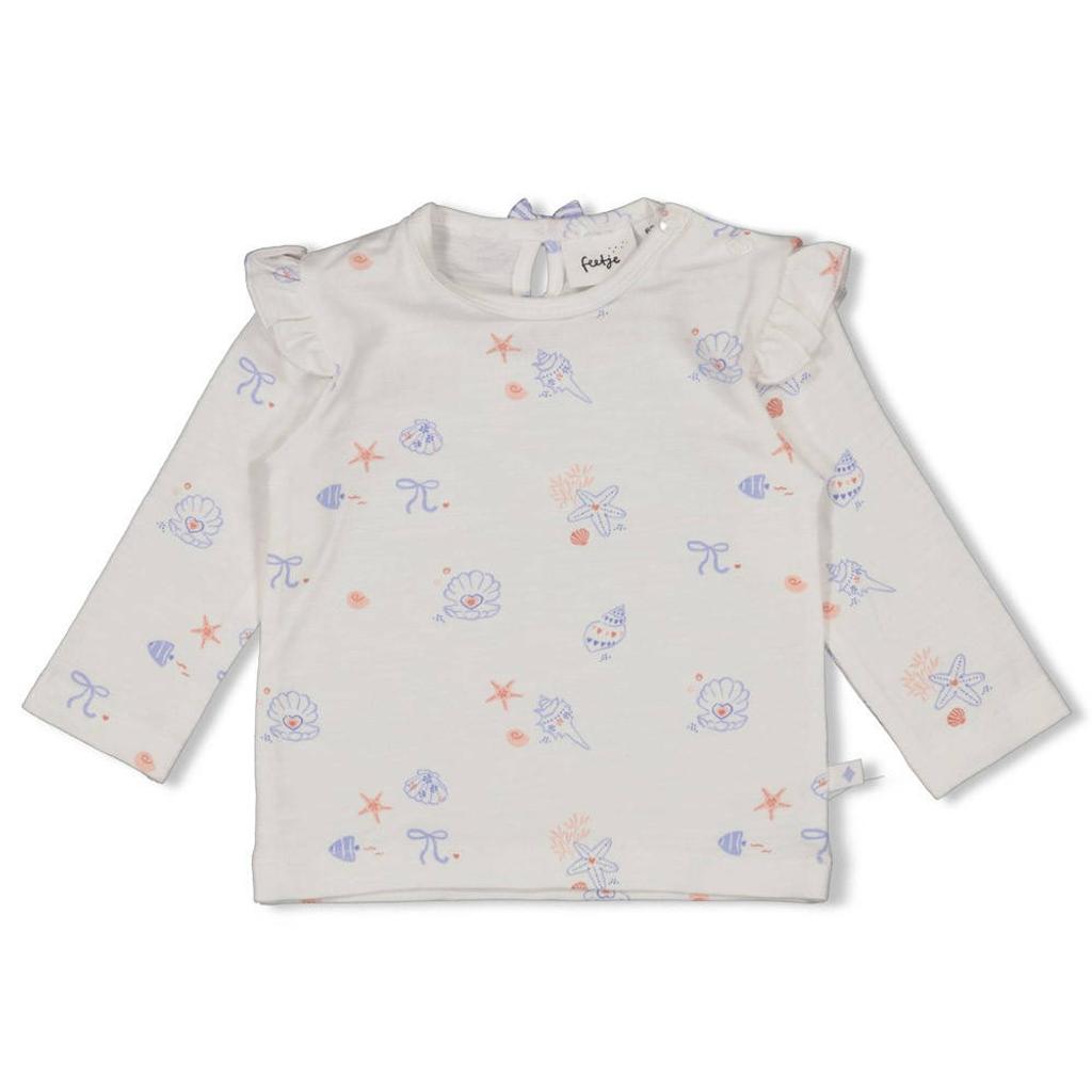 Ecru en blauwe meisjes Feetje longsleeve Sea La Vie van katoen met lange mouwen, ronde hals, drukknoopsluiting en ruches