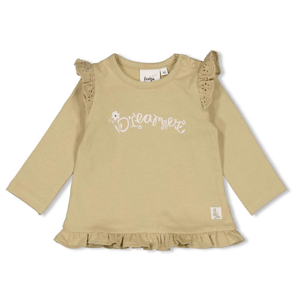 Groene meisjes Feetje longsleeve Let Your Dreams Blossom van katoen met tekst print, lange mouwen, ronde hals, drukknoopsluiting en ruches