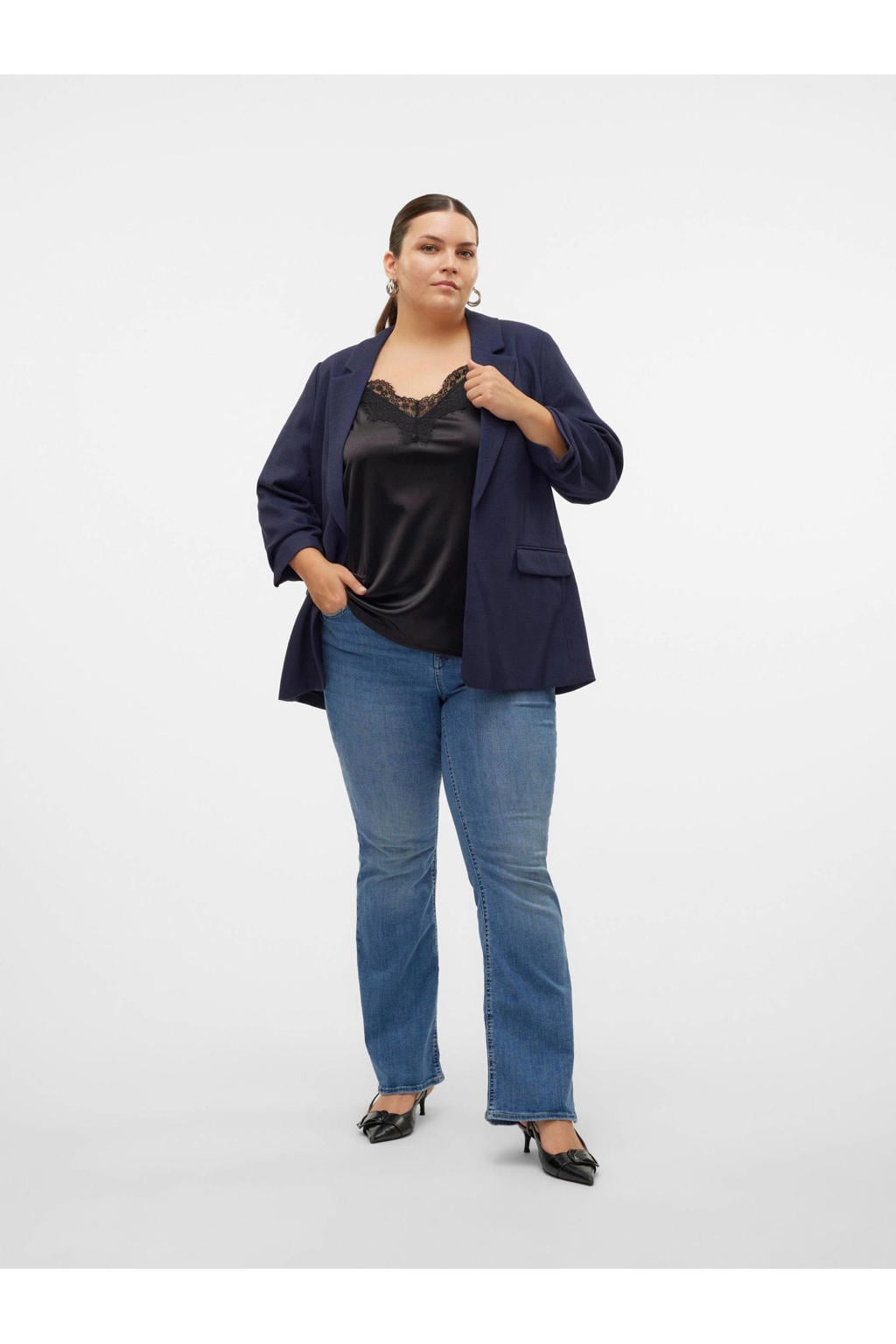 Marineblauw dames VERO MODA CURVE regular blazer van polyester met effen, lange mouwen en reverskraag