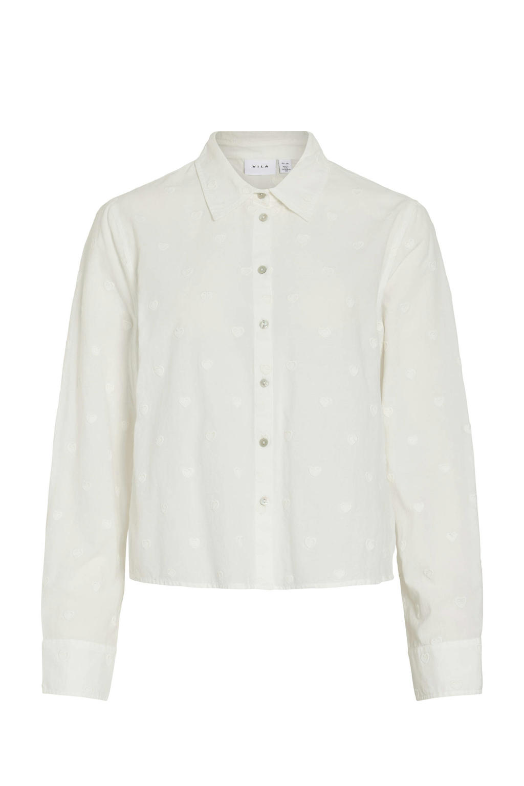 Ecru dames VILA blouse van katoen met effen, lange mouwen, klassieke kraag, knoopsluiting en borduursels