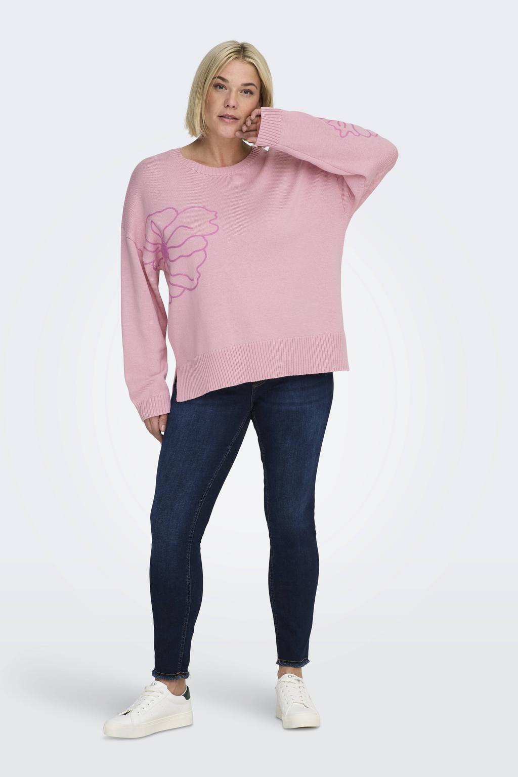 Lichtroze dames ONLY CARMAKOMA gebloemde gebreide trui van acryl met lange mouwen, ronde hals en borduursels