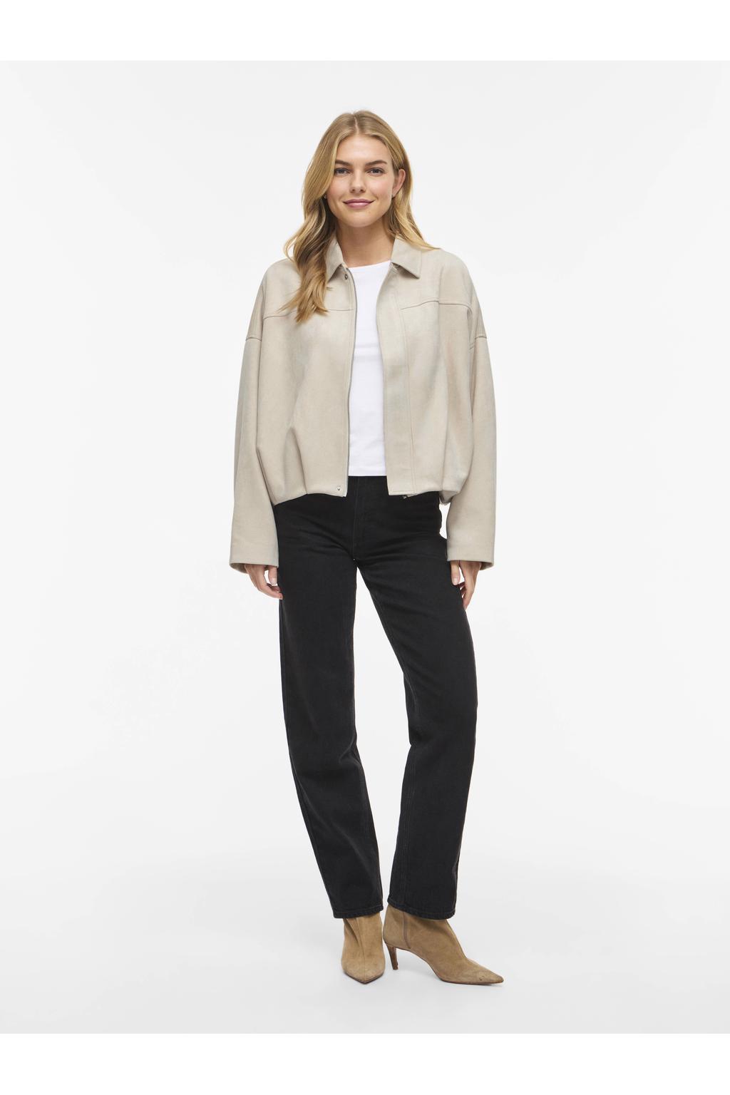 Beige dames VILA bomberjack van suèdelook met effen, lange mouwen en widespread hals