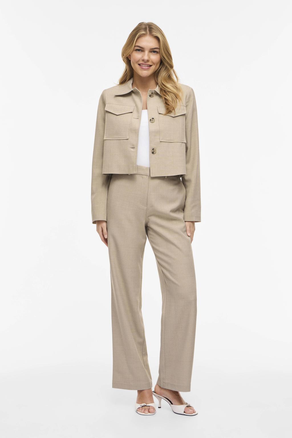 Beige dames VILA jasje van polyester met effen, lange mouwen, widespread hals en knoopsluiting