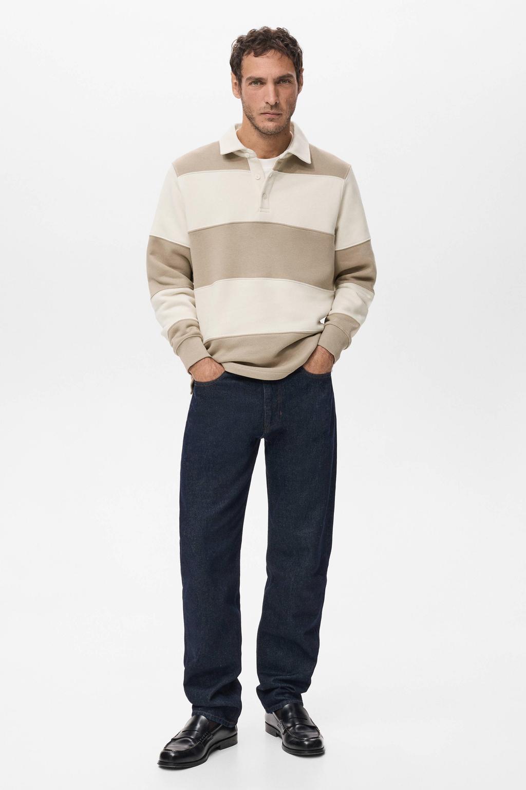 Beige heren Mango Man regular gestreepte polo van katoen met lange mouwen en knoopsluiting