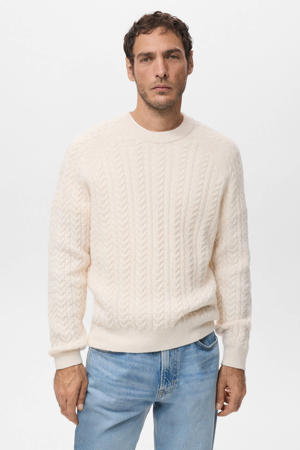 gebreide trui met wol met kabels beige