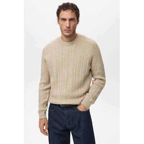 Mango Man gebreide trui met wol met kabels beige afbeelding