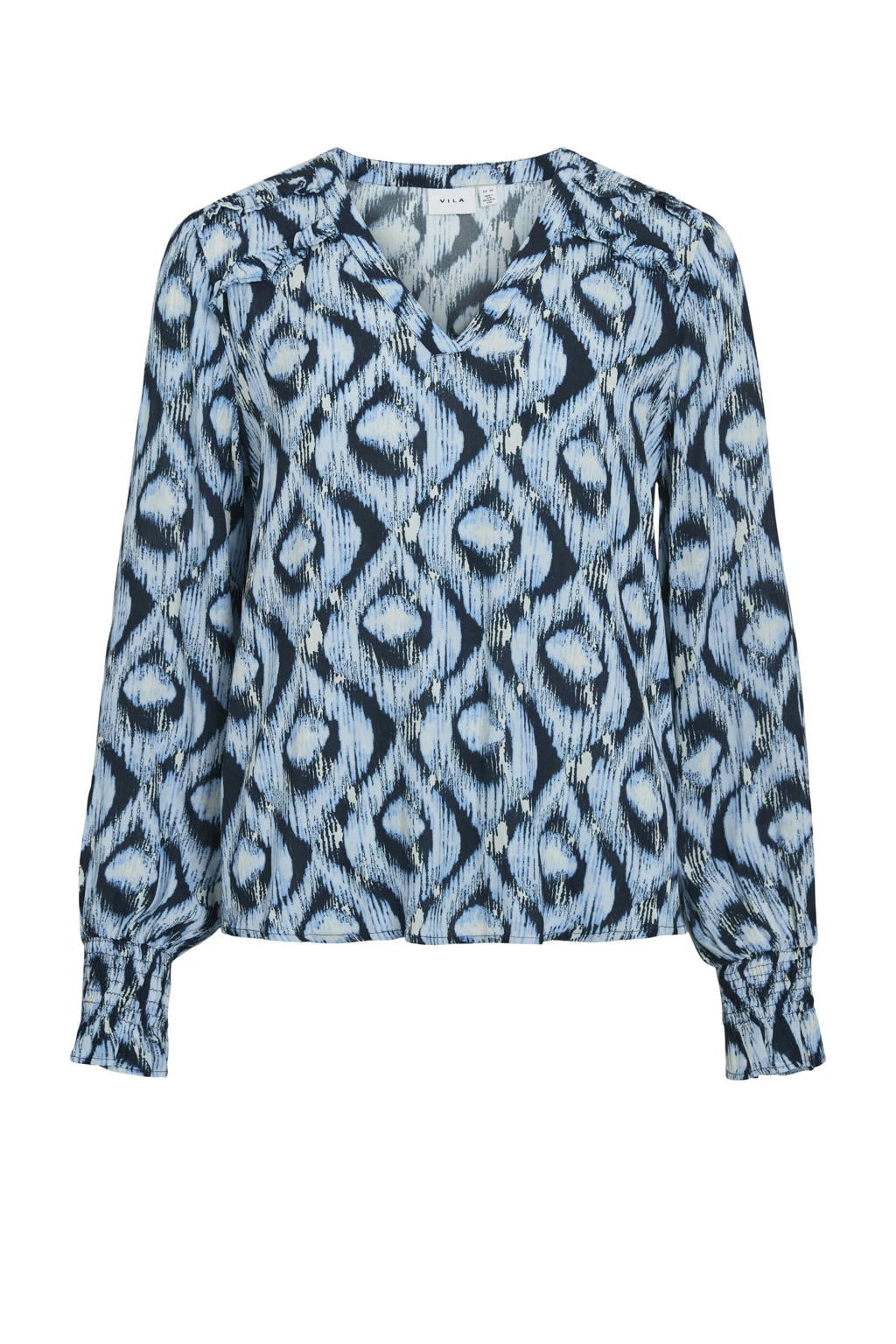 Blauwe dames VILA top van viscose met lange mouwen, V-hals en geweven detail