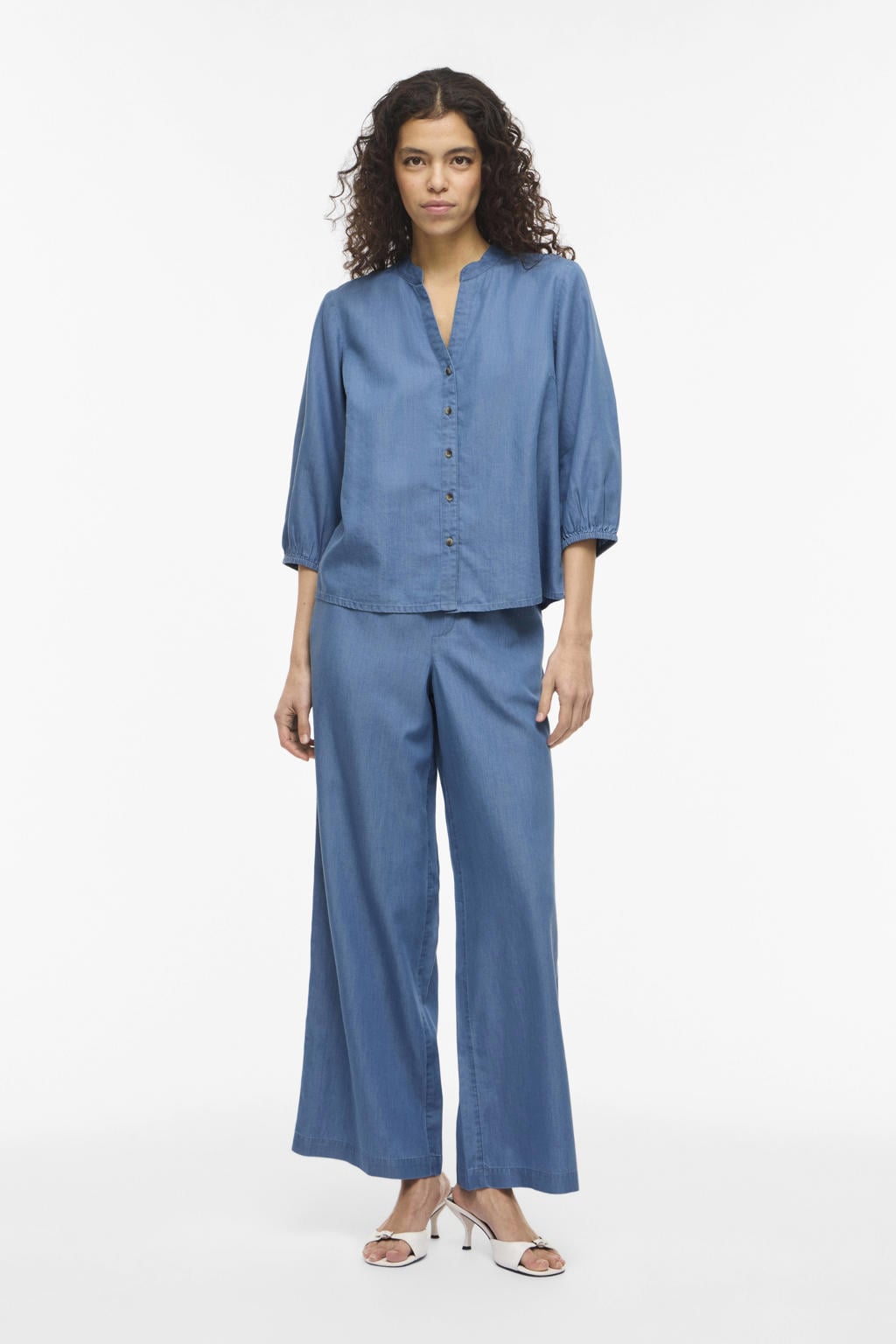 Blauwe dames VILA blouse van katoen met effen, driekwart mouwen, mao kraag en knoopsluiting