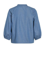 thumbnail: Blauwe dames VILA blouse van katoen met effen, driekwart mouwen, mao kraag en knoopsluiting