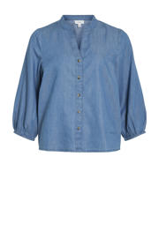 thumbnail: Blauwe dames VILA blouse van katoen met effen, driekwart mouwen, mao kraag en knoopsluiting