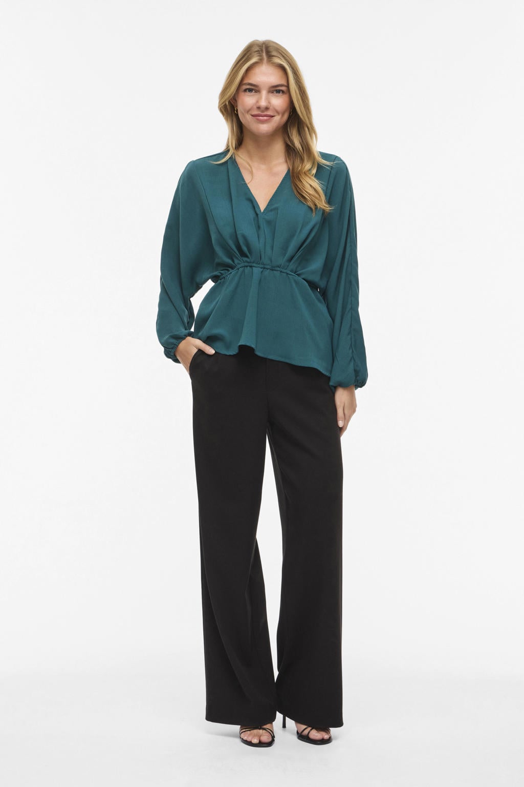 Petrolkleurige dames VILA blousetop van polyester met effen, lange mouwen, V-hals en geweven detail